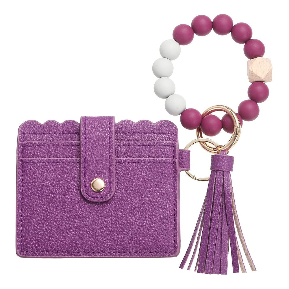 4809 Card Holder Wallet with Silicone Beaded Bracelet, Slim PU Leather